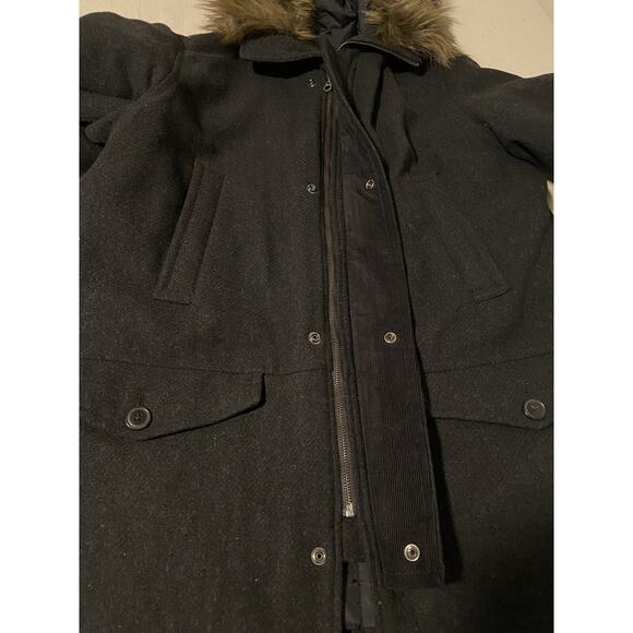Gap Mens Coat Extra-Large Black Heavy Wool Blend Faux Fur Collar Hooded Jacket - Picture 7 of 16